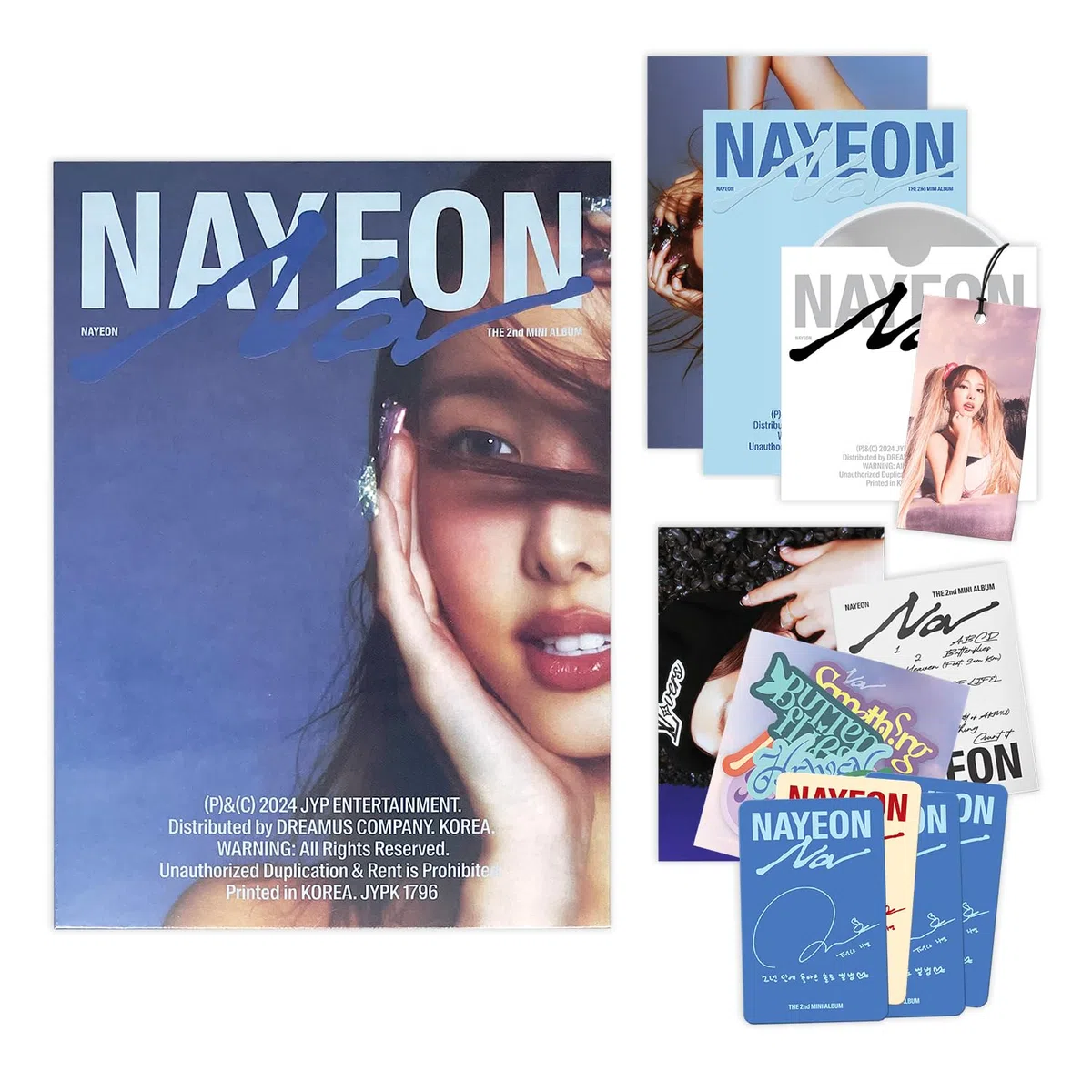 NAYEON - 2nd Mini album [NA] (A Ver.) Out Box R + Envelope + Postcard + Photobook + Hang Tag + Photocard + Track Sticker Pack + Mini Folded Poster + 2 Extra Photocards