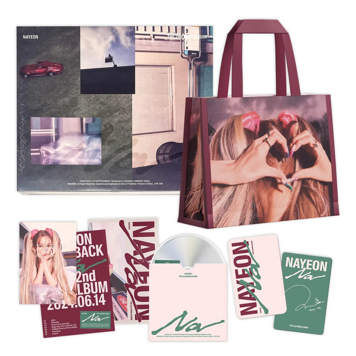 NAYEON - 2nd Mini album [NA] A to Z Ver.) Tarpaulin bag + Newspaper R + Envelope + Postcard + Guarantee Card + Holder + Flyer + Photocard + Out Box + 2 Extra Photocards