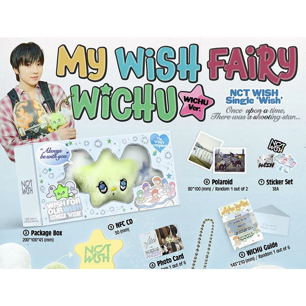 NCT WISH - Debut Single [WISH] (WICHU Ver.) WICHU Keyring + Package Box + NFC Photo Card + WICHU Guide + Polaroid + Sticker Set + 3 Extra Photocards