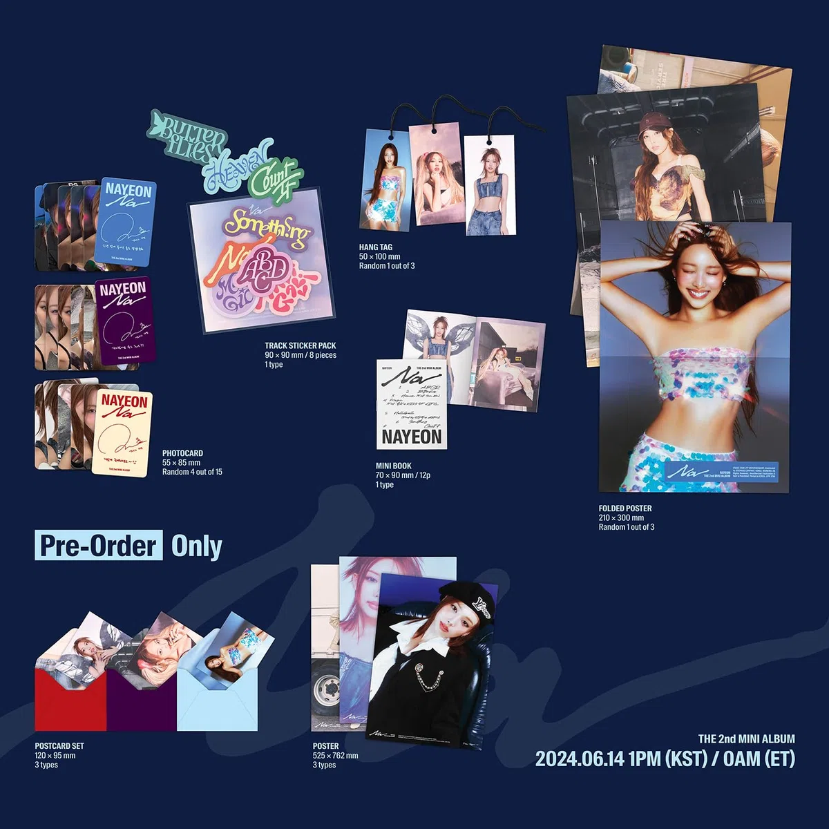 NAYEON - 2nd Mini album [NA] (A Ver.) Out Box R + Envelope + Postcard + Photobook + Hang Tag + Photocard + Track Sticker Pack + Mini Folded Poster + 2 Extra Photocards