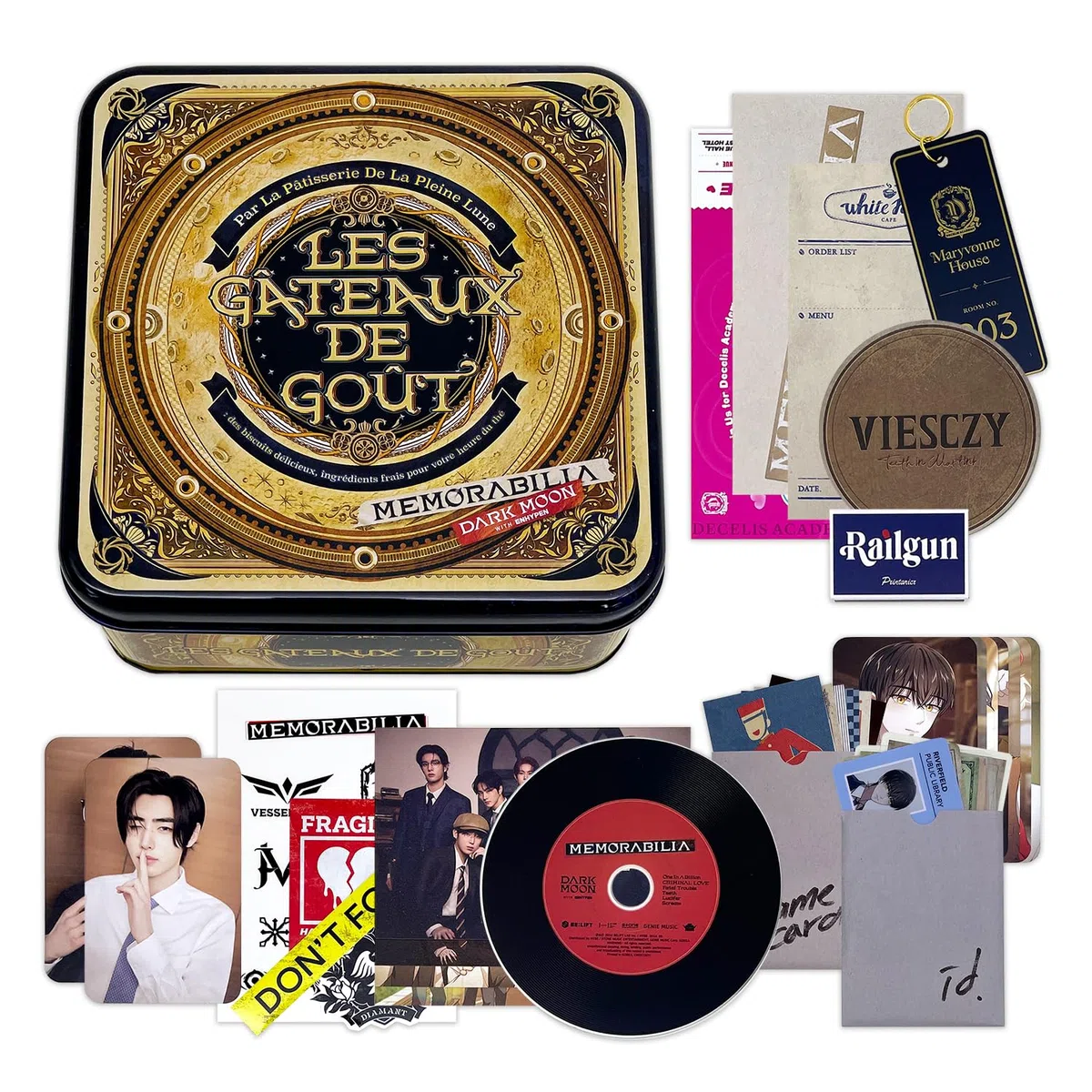 ENHYPEN - [MEMORABILIA] (Moon ver.) Keychain + ID Card + Name Card + Coaster + Memo Pad R + Postacard + Lyric Sheet + Photocard + Sticker + Ticket + 2 Pin Badges + 4 Extra Photocards