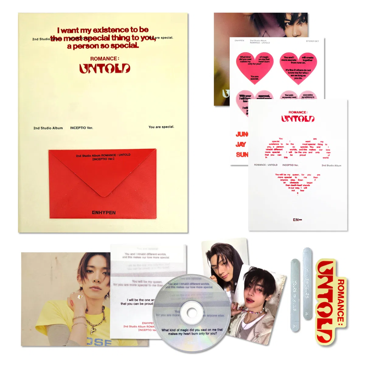 ENHYPEN - 2nd full album [ROMANCE : UNTOLD] (INCEPTIO Ver.) Photo Paper RIngs R + 2 Pin Badges + 4 Extra Photocards