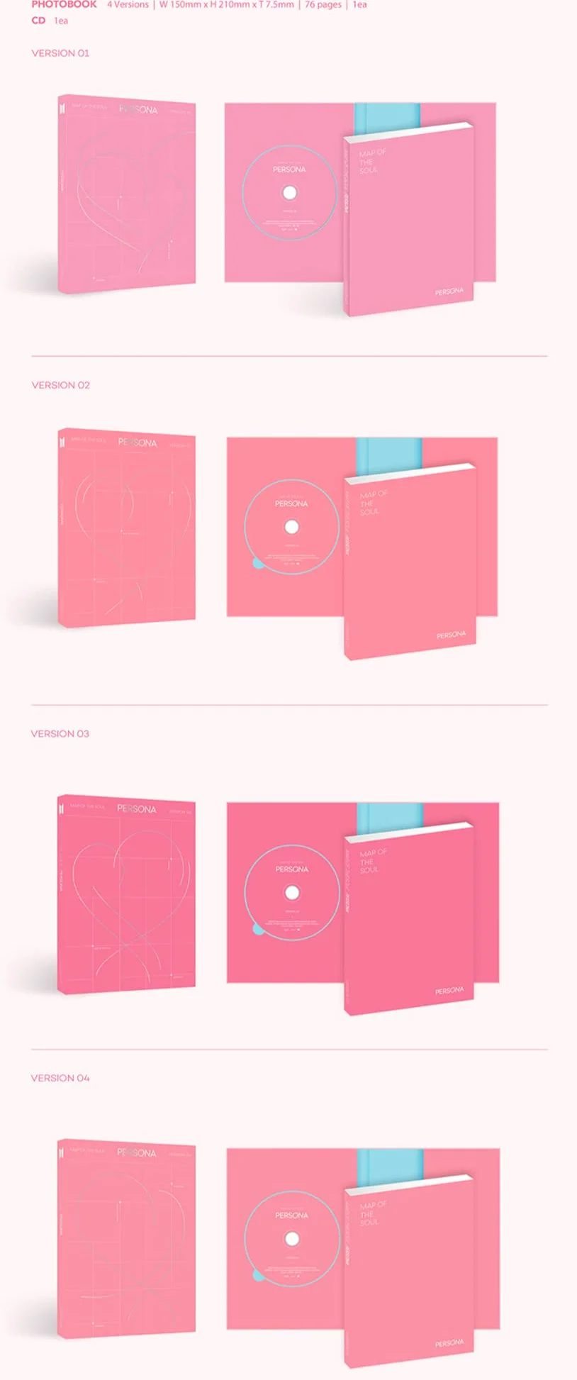 BTS Album MAP OF THE SOUL : PERSONA (Ver. 3) Photobook+Mini Photocard+Photo Film+Postcard+(Extra BTS 6 Photocards+1 Double-Sided Photocard+Logo Hologram Sticker)