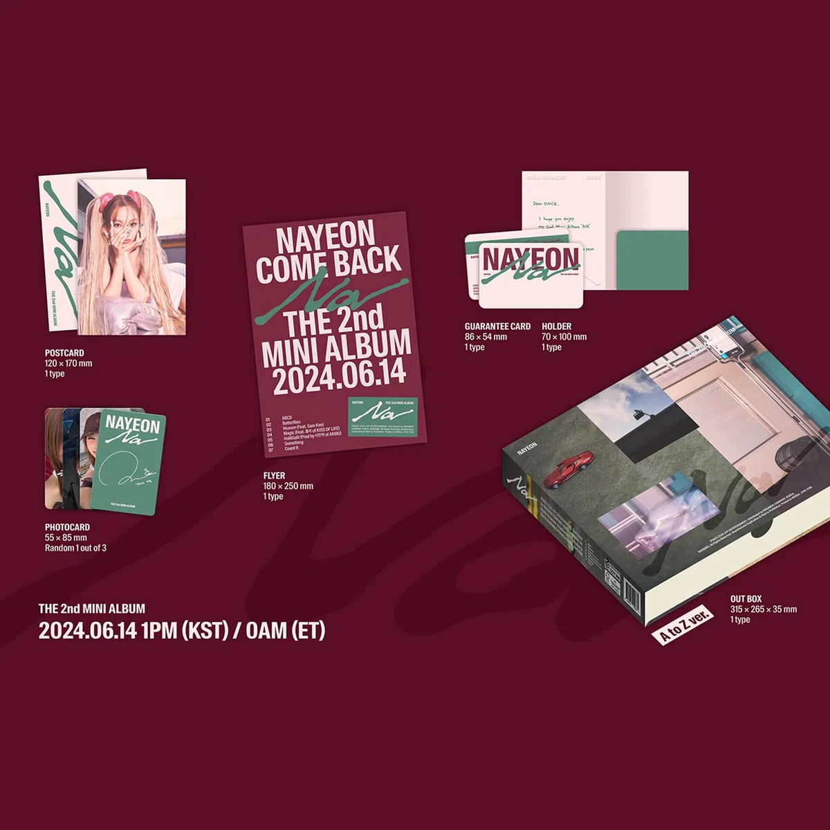 NAYEON - 2nd Mini album [NA] A to Z Ver.) Tarpaulin bag + Newspaper R + Envelope + Postcard + Guarantee Card + Holder + Flyer + Photocard + Out Box + 2 Extra Photocards